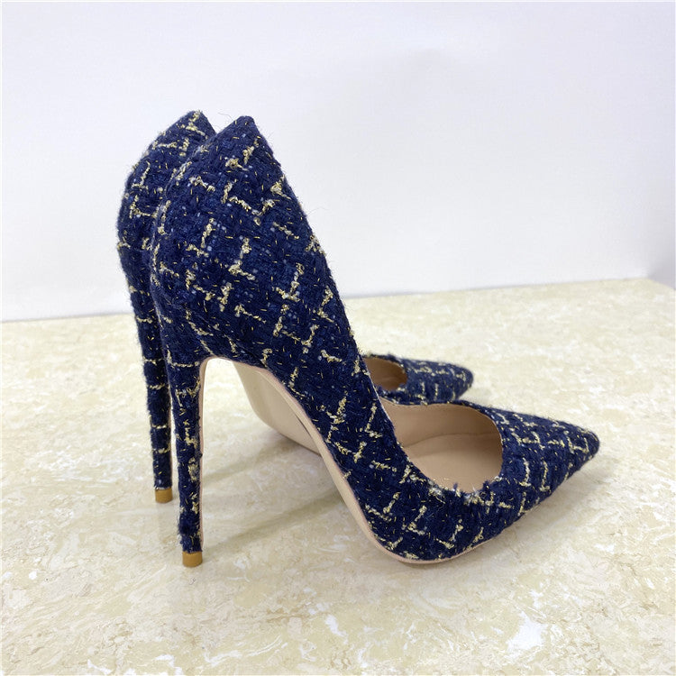 New Woven High Heels 12CM Pointed Toe Stiletto Pumps All-Match Women&