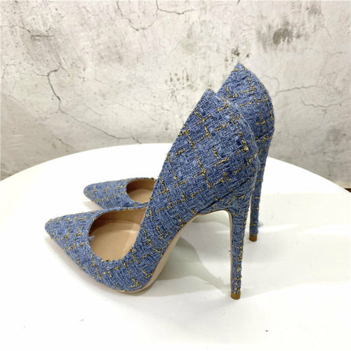 New Woven High Heels 12CM Pointed Toe Stiletto Pumps All-Match Women&