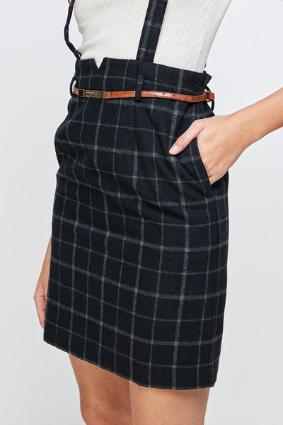 Plaid Suspender Skirt with Belt Detail