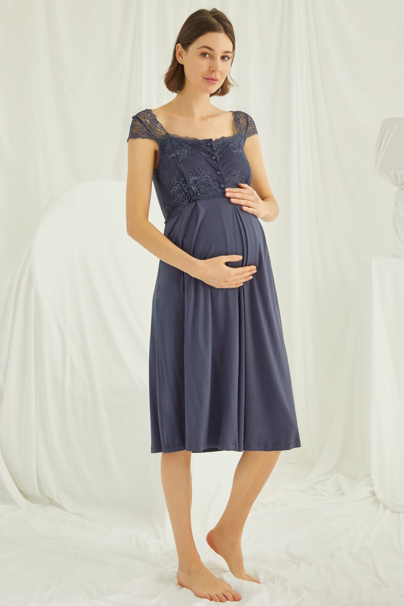 Shopymommy 18302 Lace Maternity & Nursing Nightgown Navy Blue