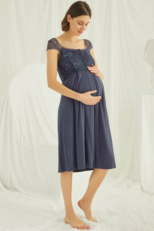 Shopymommy 18302 Lace Maternity & Nursing Nightgown Navy Blue