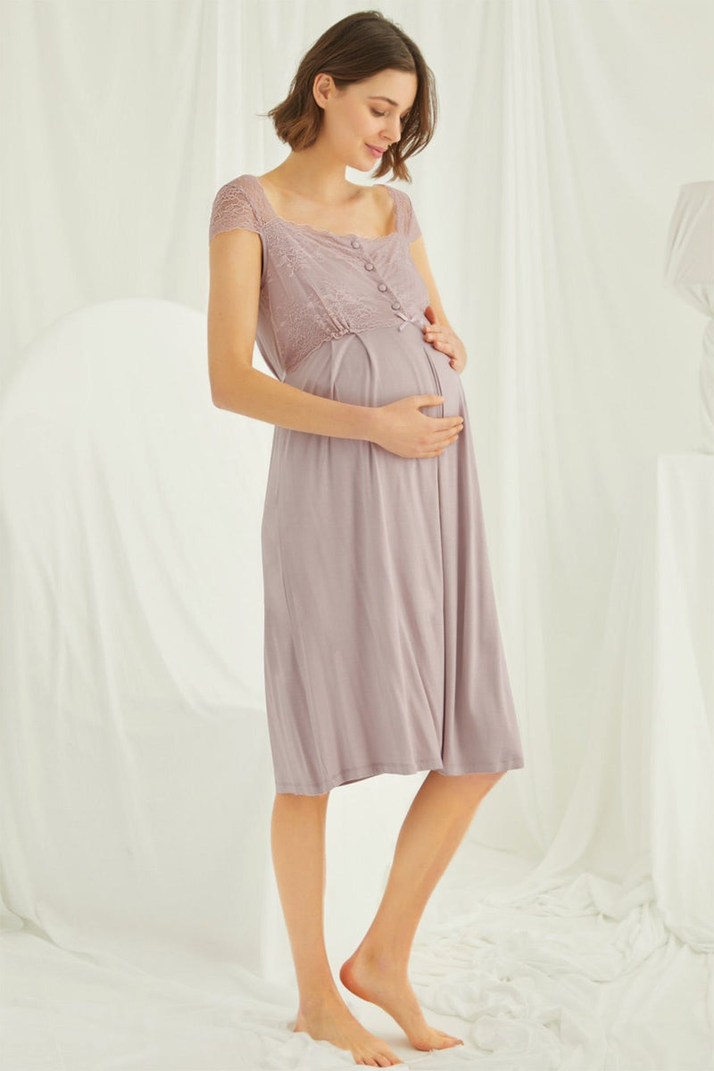 Shopymommy 18439 Lace Maternity & Nursing Nightgown Coffee