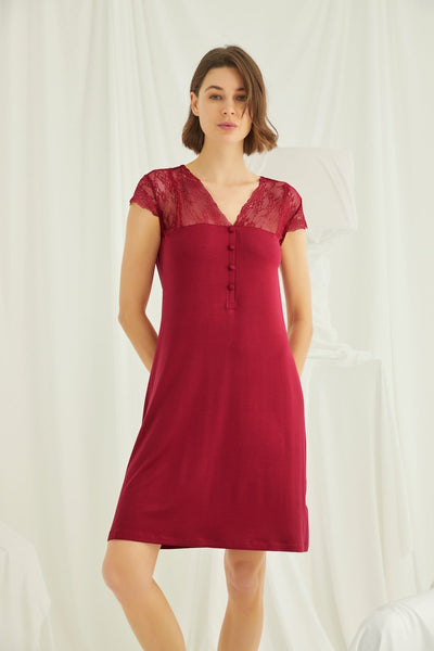 Shopymommy 18480 Lace V-Neck Short Maternity & Nursing Nightgown Red