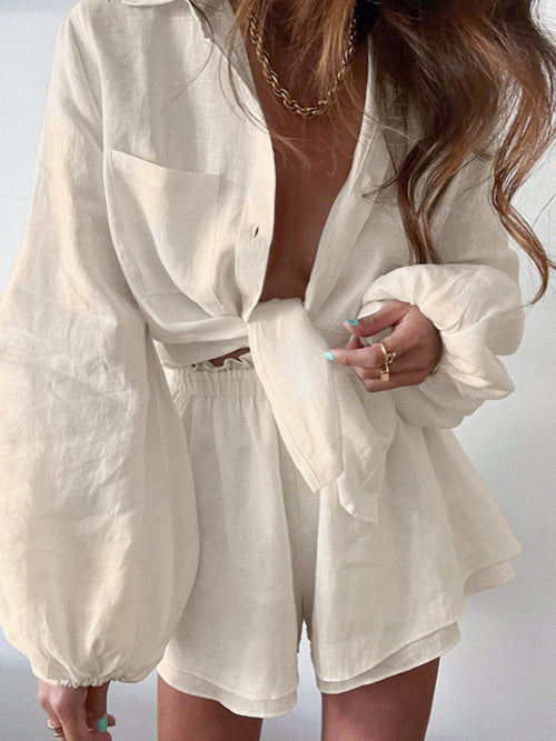 2022 Women Spring Summer Bohemian Shorts Sets Solid White Loose Fit