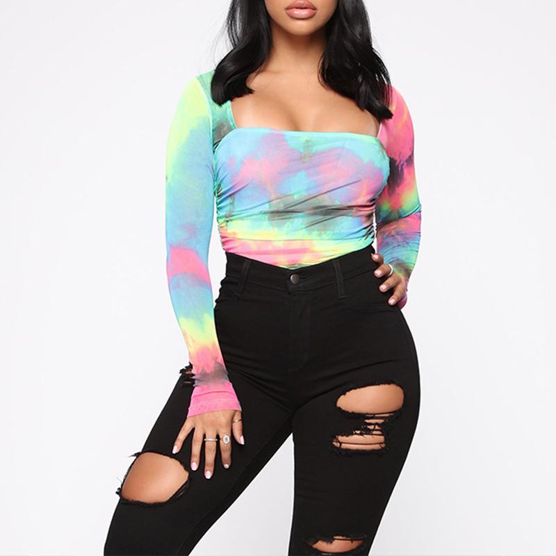 Tie dyed square collar bodysuit women tops Streetwear high