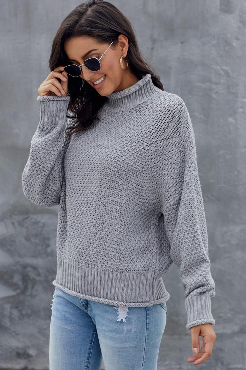 New Gray Chunky Batwing Long Sleeve Turtleneck Sweater