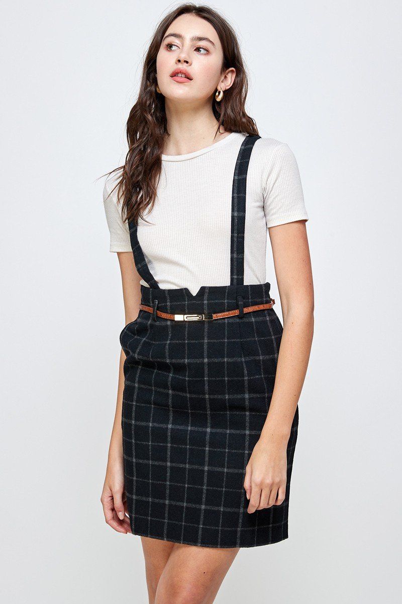 Plaid Suspender Skirt with Belt Detail