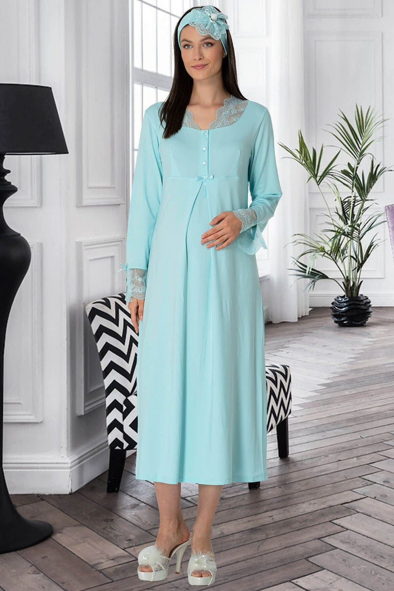 Shopymommy 5312 Lace Sleeves Maternity & Nursing Nightgown Turquoise