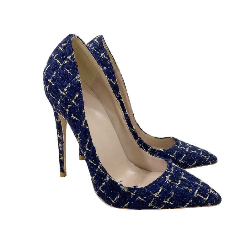 New Woven High Heels 12CM Pointed Toe Stiletto Pumps All-Match Women&