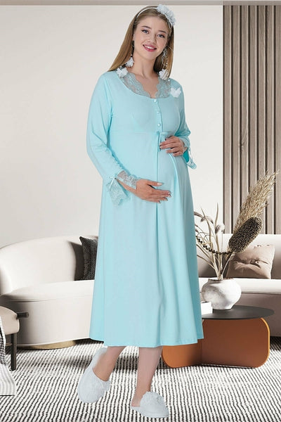 Shopymommy 5312 Lace Sleeves Maternity & Nursing Nightgown Turquoise