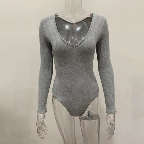 Knitted solid color v neck elegant bodysuit Women long sleeve