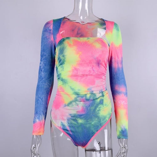 Tie dyed square collar bodysuit women tops Streetwear high