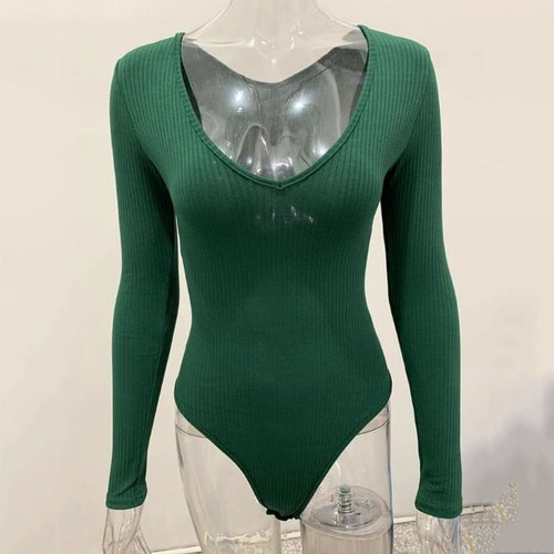 Knitted solid color v neck elegant bodysuit Women long sleeve