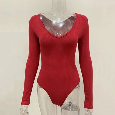 Knitted solid color v neck elegant bodysuit Women long sleeve