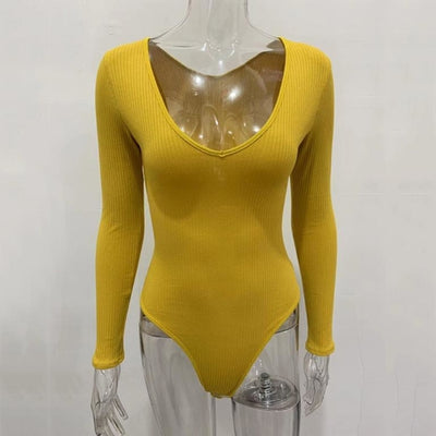 Knitted solid color v neck elegant bodysuit Women long sleeve