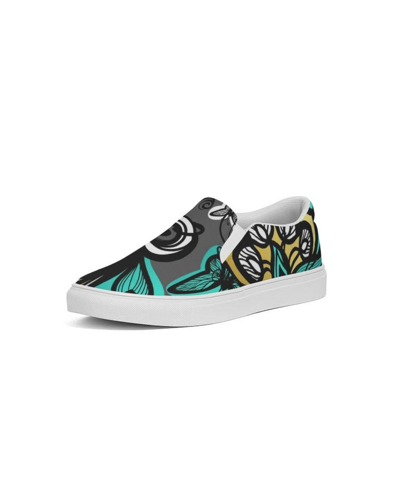 Womens Sneakers - Canvas Slip on Shoes, Green Butterfly Print