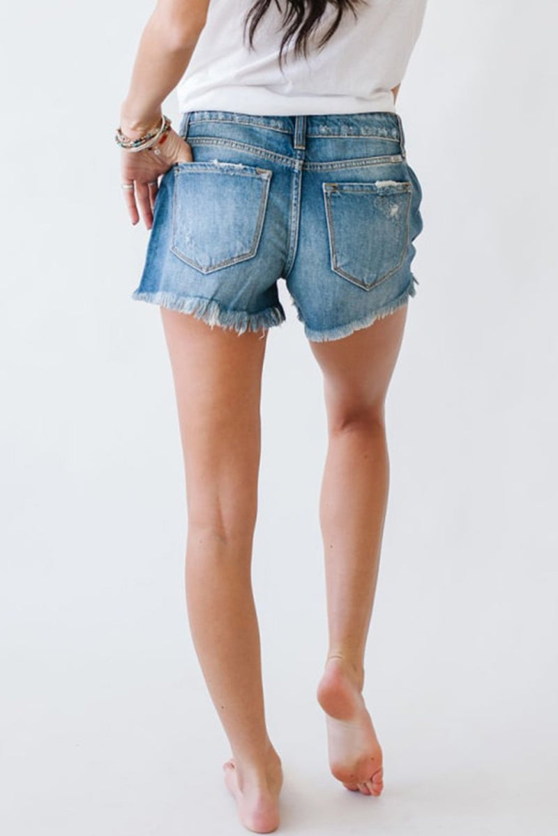 Distressed Mid Rise Frayed Hem Denim Shorts