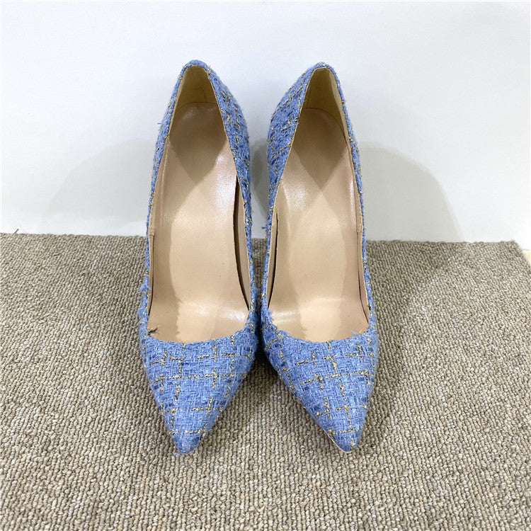 New Woven High Heels 12CM Pointed Toe Stiletto Pumps All-Match Women&