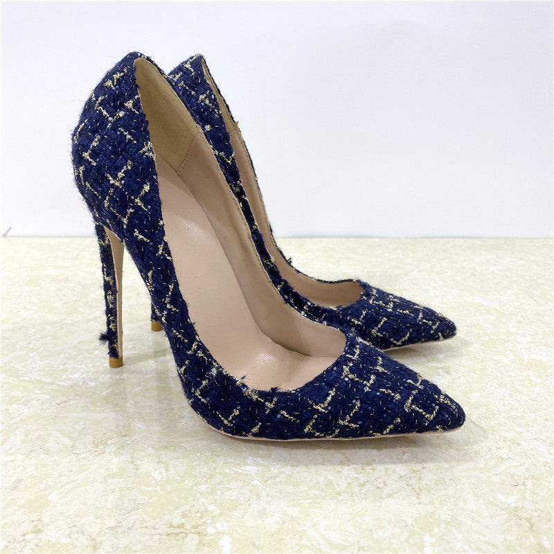 New Woven High Heels 12CM Pointed Toe Stiletto Pumps All-Match Women&