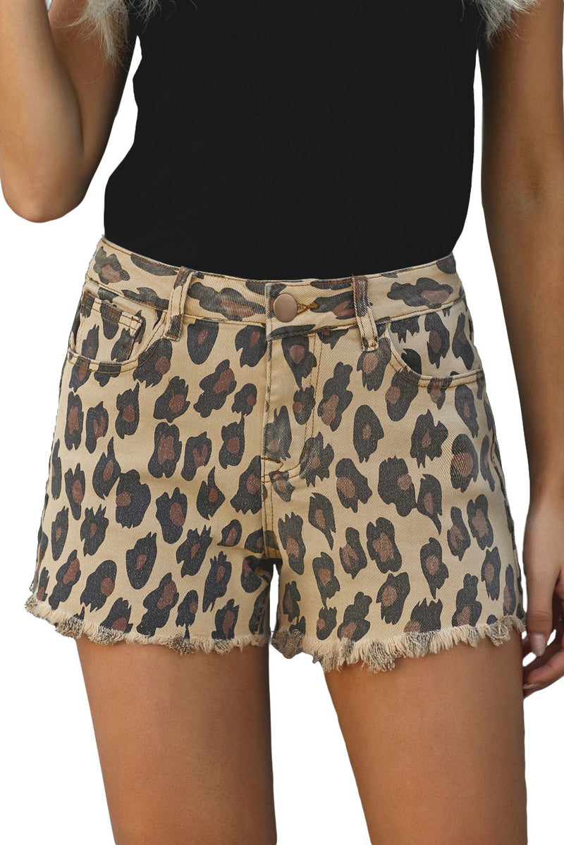 Brown Leopard Mid Waist Frayed Hemline Jean Shorts