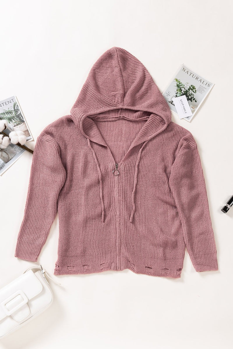 Pink Zipper Hooded Sweater