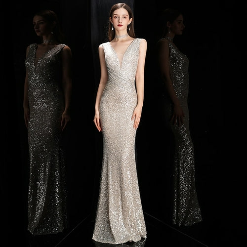 Deerveado Elegant V Neck Sequin Evening Dress Long 2022 New Women