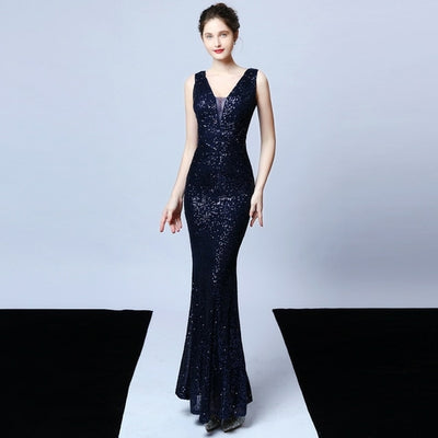 Deerveado Elegant V Neck Sequin Evening Dress Long 2022 New Women