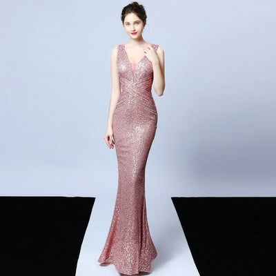 Deerveado Elegant V Neck Sequin Evening Dress Long 2022 New Women