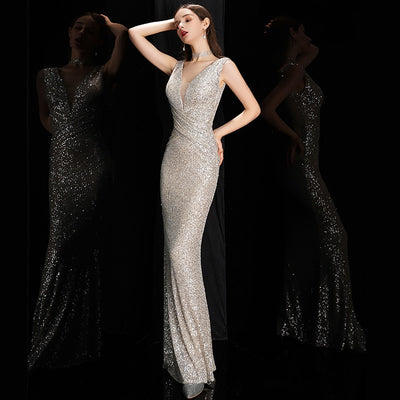 Deerveado Elegant V Neck Sequin Evening Dress Long 2022 New Women