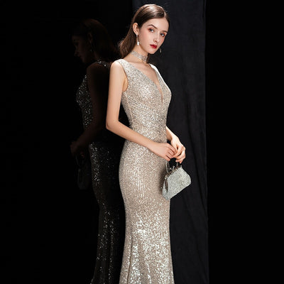 Deerveado Elegant V Neck Sequin Evening Dress Long 2022 New Women