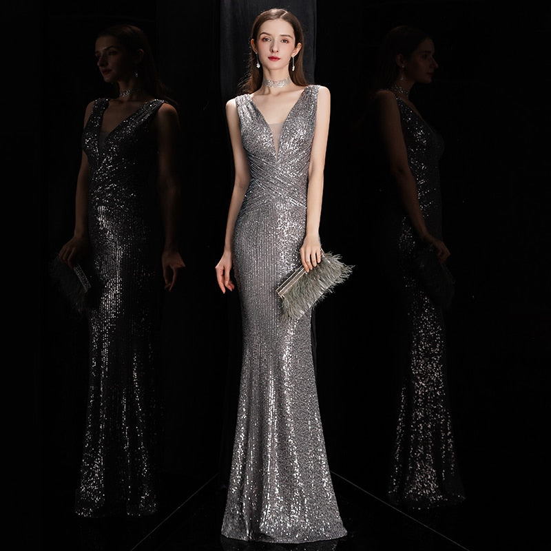 Deerveado Elegant V Neck Sequin Evening Dress Long 2022 New Women