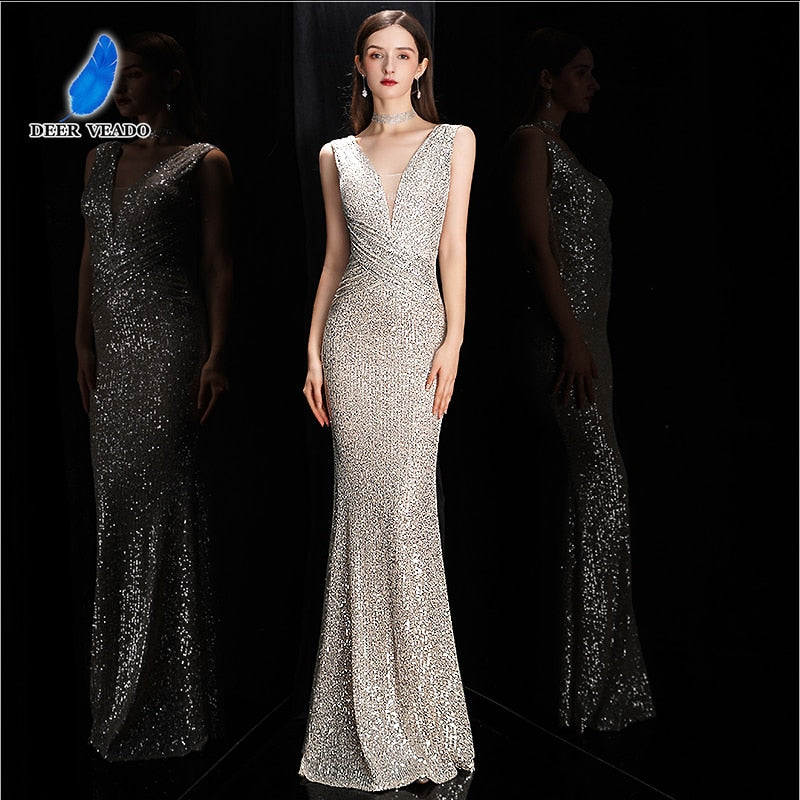 Deerveado Elegant V Neck Sequin Evening Dress Long 2022 New Women