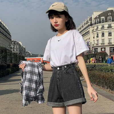 Ftlzz New Summer Women High Waist Button Wigh Leg Jeans Shorts Casual