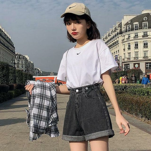 Ftlzz New Summer Women High Waist Button Wigh Leg Jeans Shorts Casual