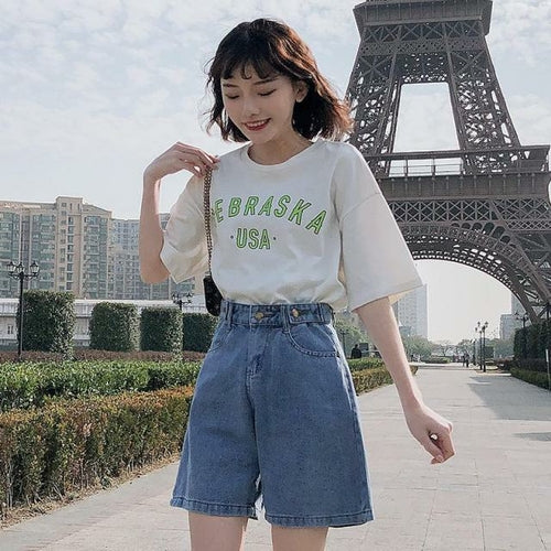 Ftlzz New Summer Women High Waist Button Wigh Leg Jeans Shorts Casual