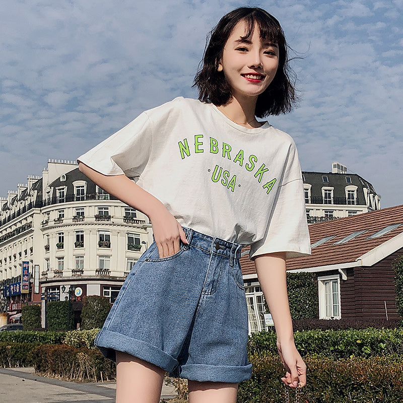 Ftlzz New Summer Women High Waist Button Wigh Leg Jeans Shorts Casual