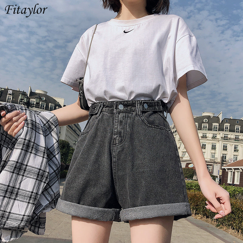 Ftlzz New Summer Women High Waist Button Wigh Leg Jeans Shorts Casual