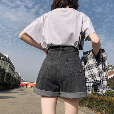 Ftlzz New Summer Women High Waist Button Wigh Leg Jeans Shorts Casual