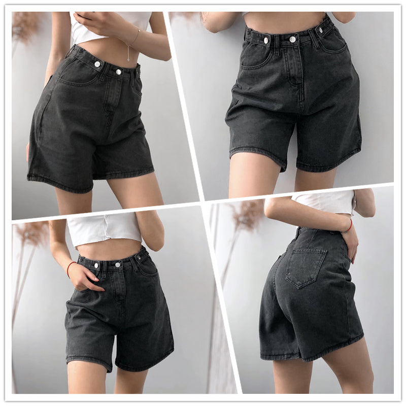 Ftlzz New Summer Women High Waist Button Wigh Leg Jeans Shorts Casual
