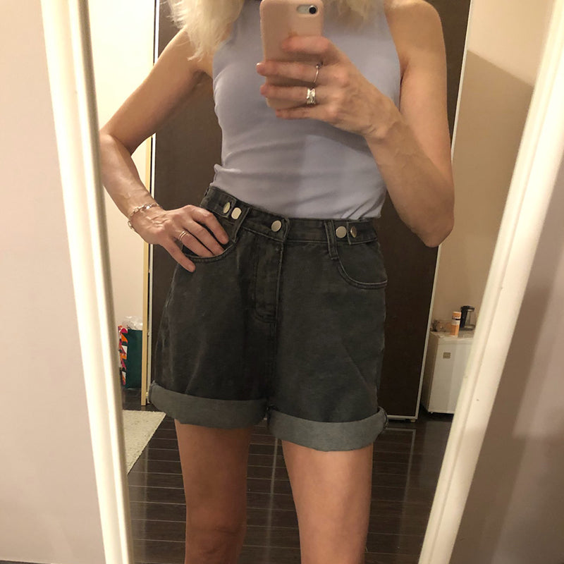 Ftlzz New Summer Women High Waist Button Wigh Leg Jeans Shorts Casual