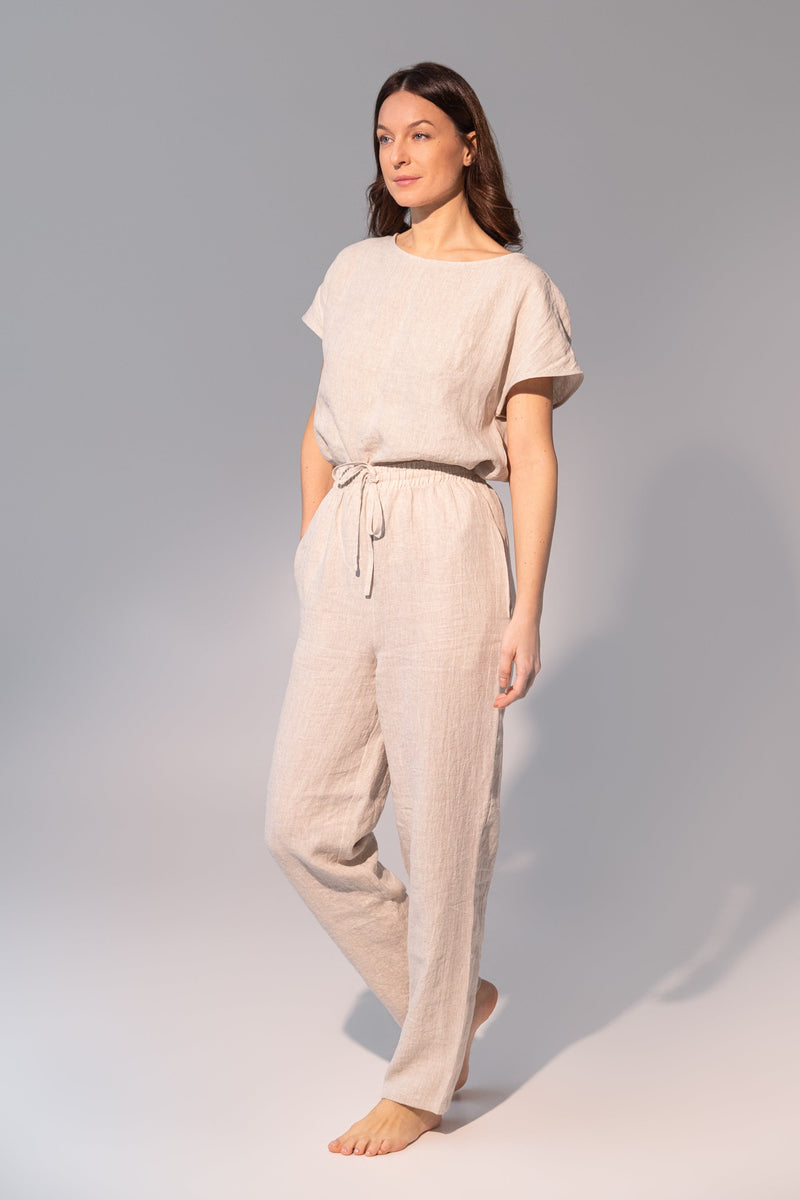 Striped Dark Grey linen / Natural Linen Pajama set / Linen loungewear