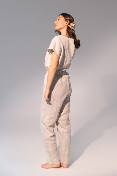 Striped Dark Grey linen / Natural Linen Pajama set / Linen loungewear