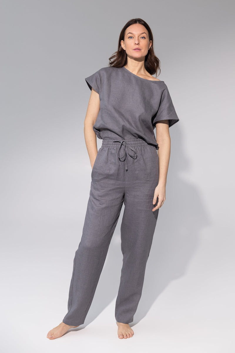 Striped Dark Grey linen / Natural Linen Pajama set / Linen loungewear