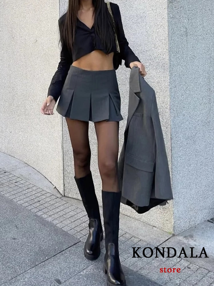 KONDALA Vintage Dark Grey Mini Skirts Women Ruffles Pleated Sexy