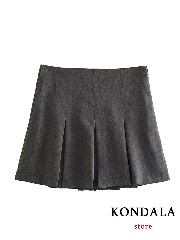 KONDALA Vintage Dark Grey Mini Skirts Women Ruffles Pleated Sexy