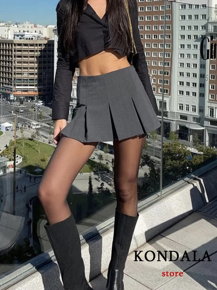 KONDALA Vintage Dark Grey Mini Skirts Women Ruffles Pleated Sexy