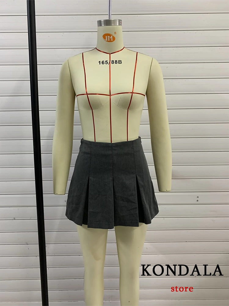KONDALA Vintage Dark Grey Mini Skirts Women Ruffles Pleated Sexy