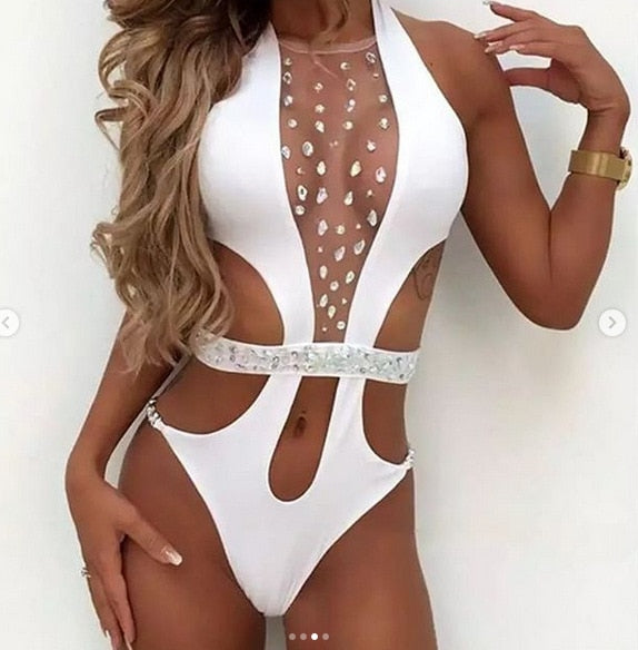 New Women Sexy Swimsuit Shiny Swimwear With Rhinestone Belt Chest