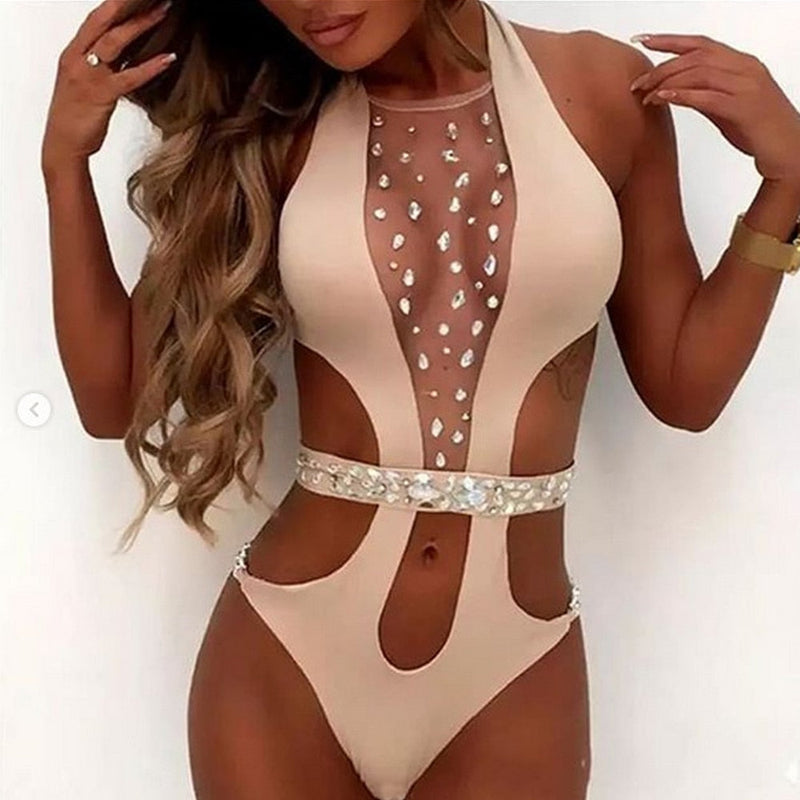 New Women Sexy Swimsuit Shiny Swimwear With Rhinestone Belt Chest