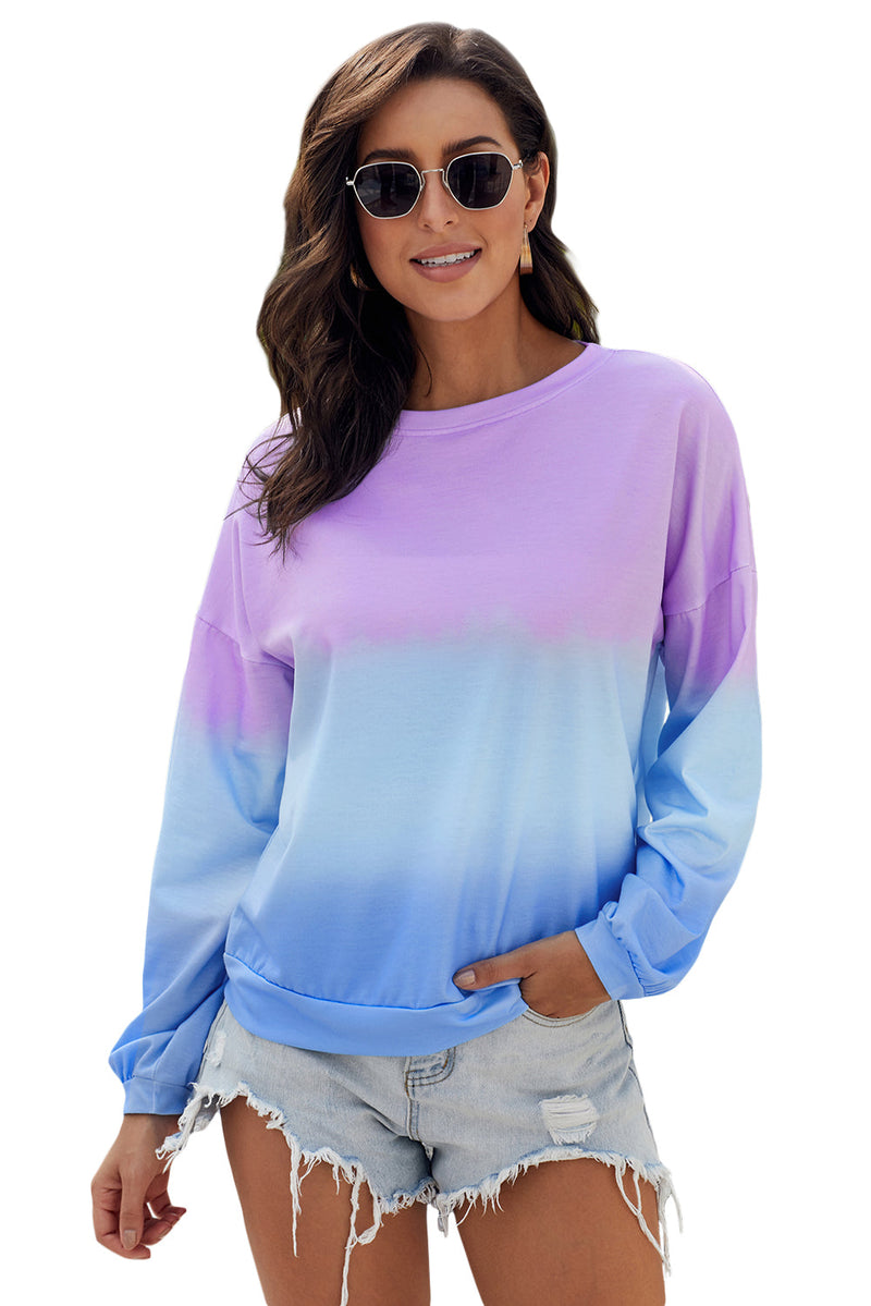 Purple Blue Color Block Tie Dye Pullover Sweatshirt